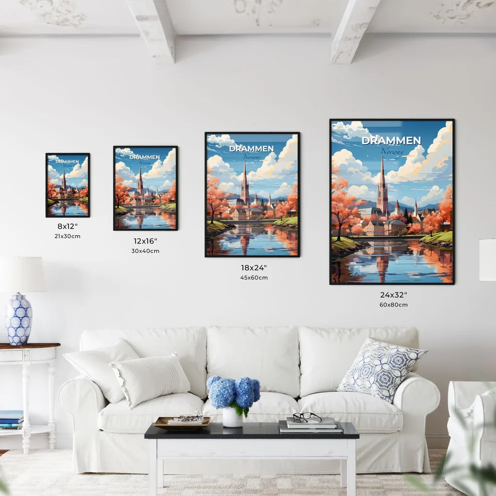 Drammen, Norway, A Poster of a painting of a town with a church and a river Default Title