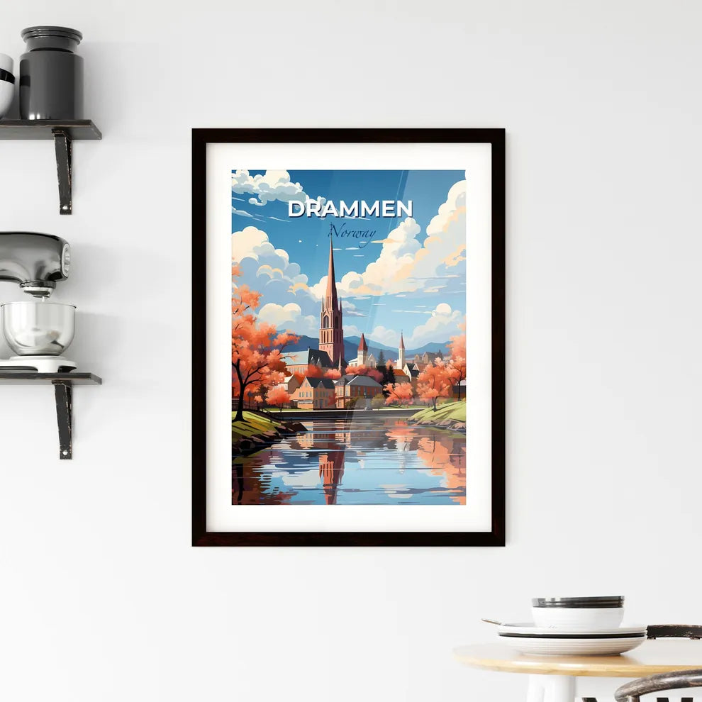 Drammen, Norway, A Poster of a painting of a town with a church and a river Default Title