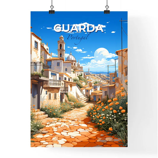 Guarda, Portugal, A Poster of a stone path between buildings with orange flowers Default Title