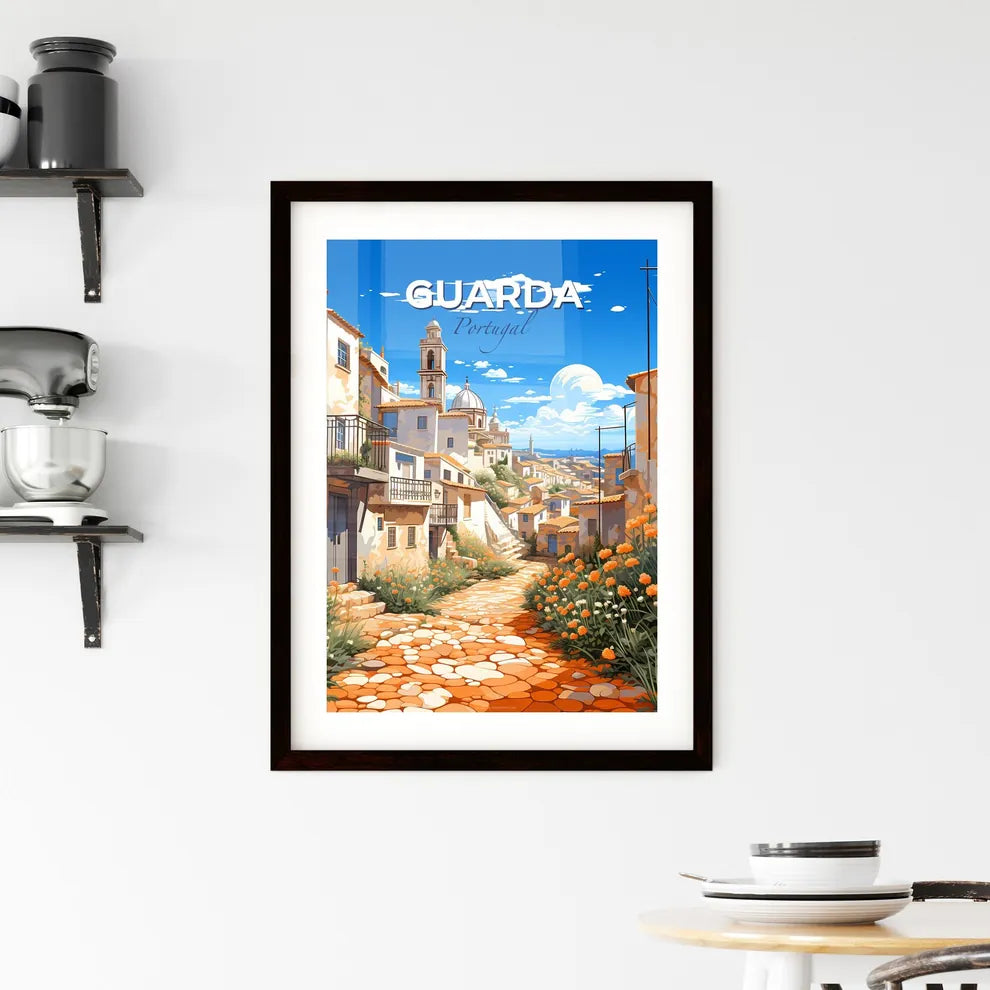 Guarda, Portugal, A Poster of a stone path between buildings with orange flowers Default Title