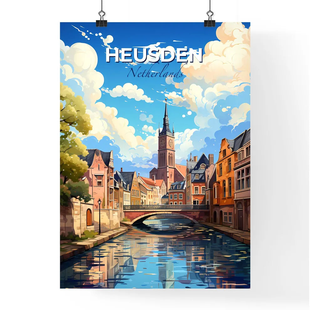Heusden, Netherlands, A Poster of a river with a bridge and buildings Default Title