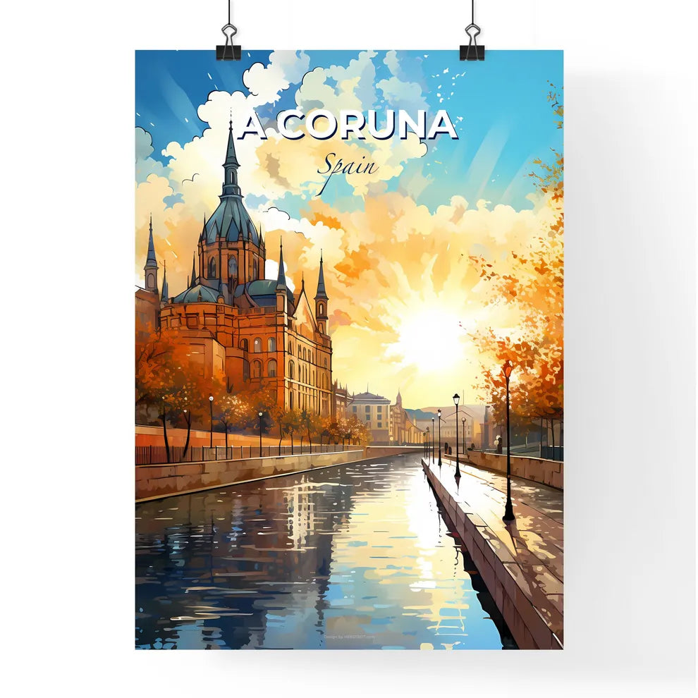 A Coruna, Spain, A Poster of a water canal with a building and trees in the background Default Title
