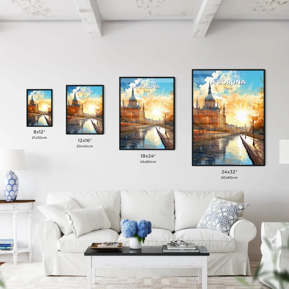 A Coruna, Spain, A Poster of a water canal with a building and trees in the background Default Title