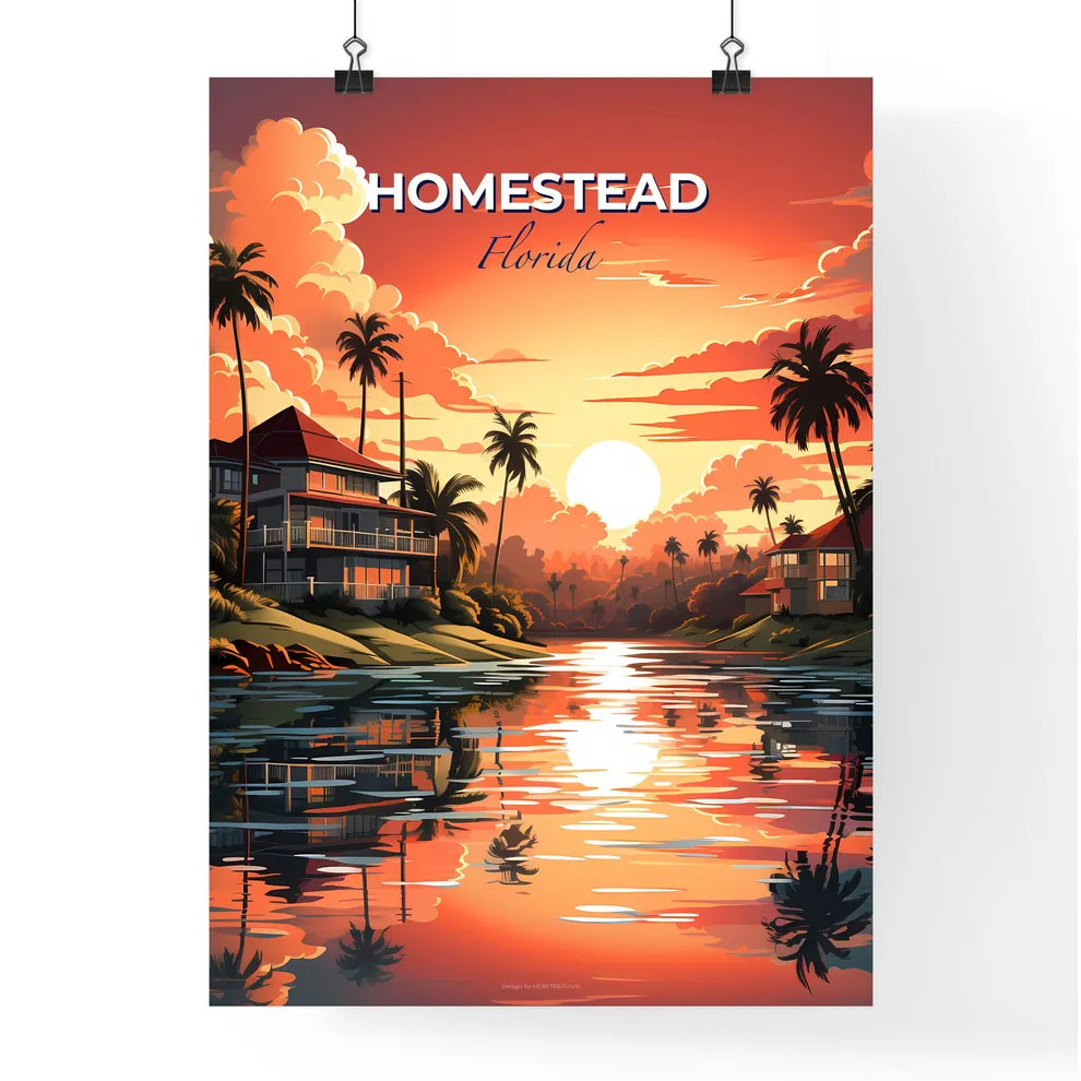 Homestead, Florida, A Poster of a sunset over a body of water with houses and palm trees Default Title