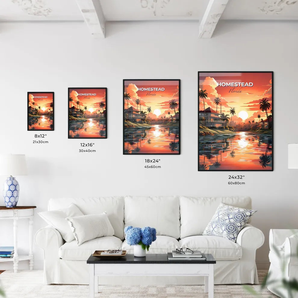 Homestead, Florida, A Poster of a sunset over a body of water with houses and palm trees Default Title