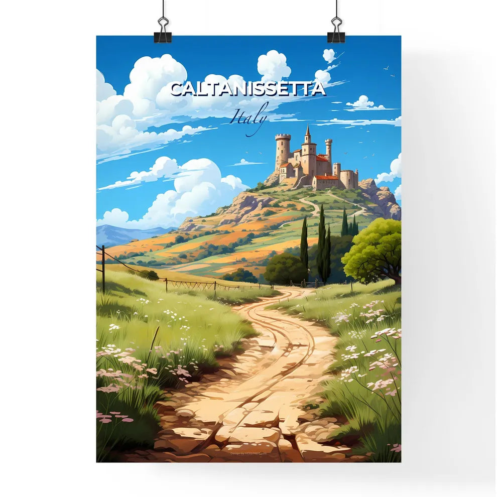 Caltanissetta, Italy, A Poster of a dirt road leading to a castle on a hill Default Title