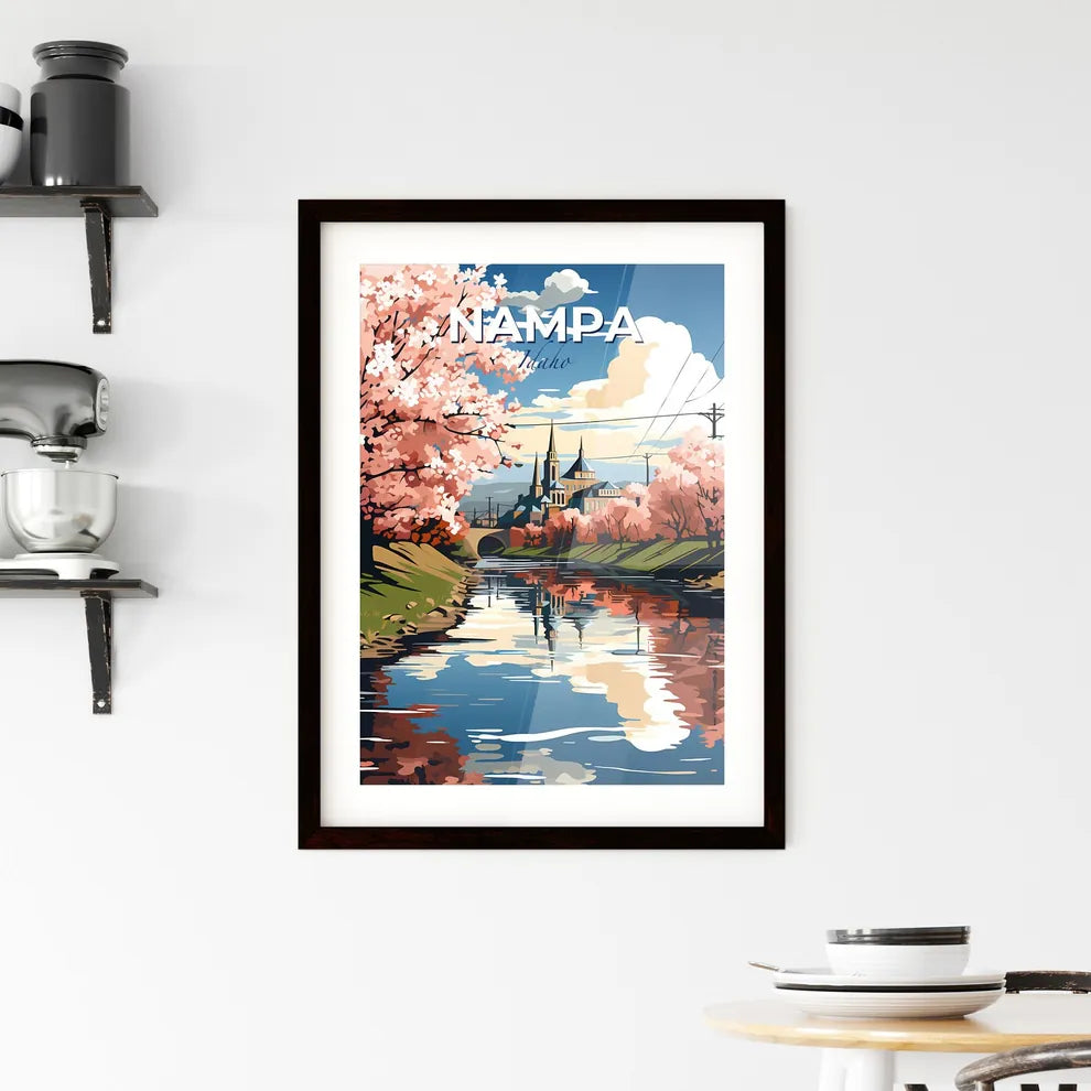 Nampa, Idaho, A Poster of a river with pink trees and buildings in the background Default Title