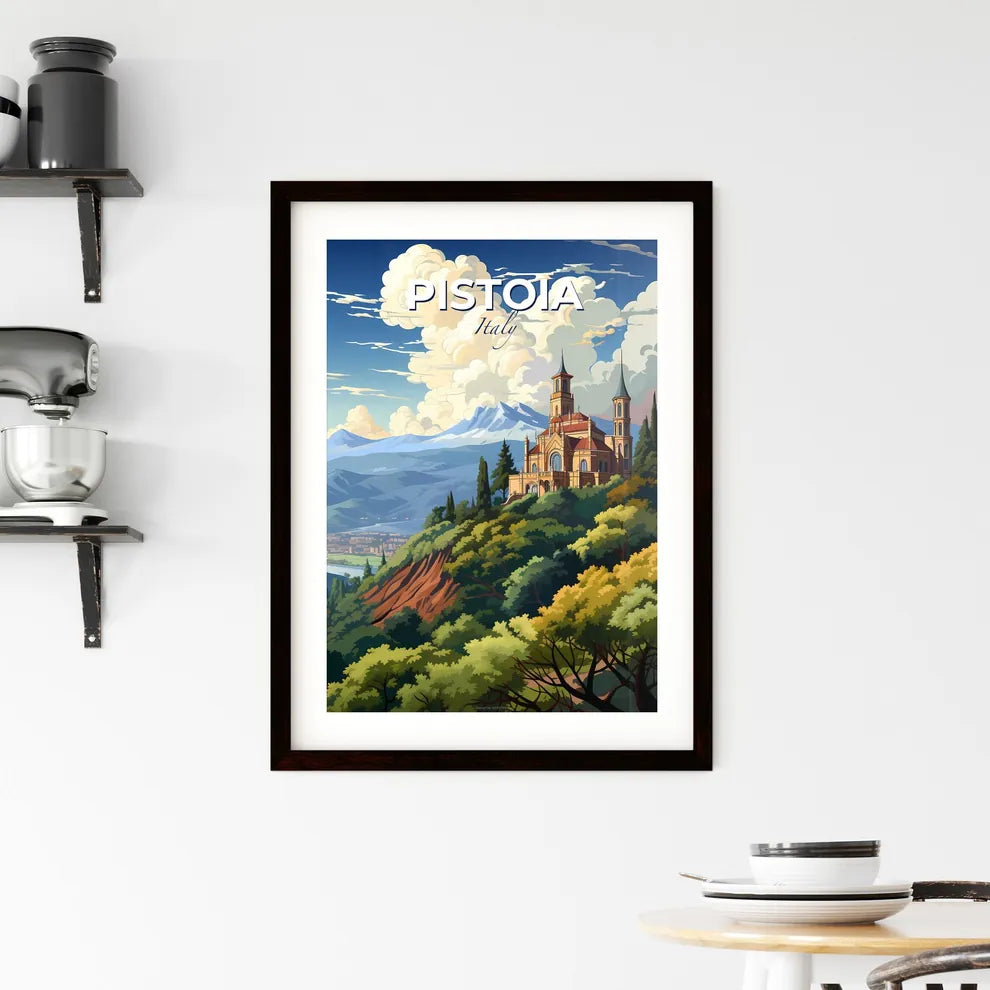 Pistoia, Italy, A Poster of a building on a hill with trees and mountains in the background Default Title
