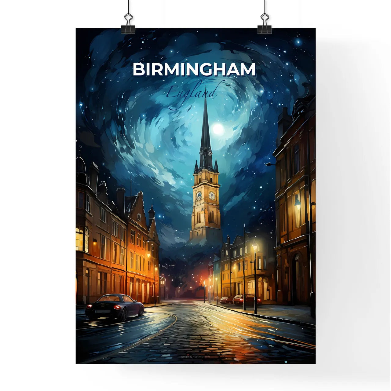 Birmingham, England, A Poster of a street with a clock tower and buildings at night Default Title