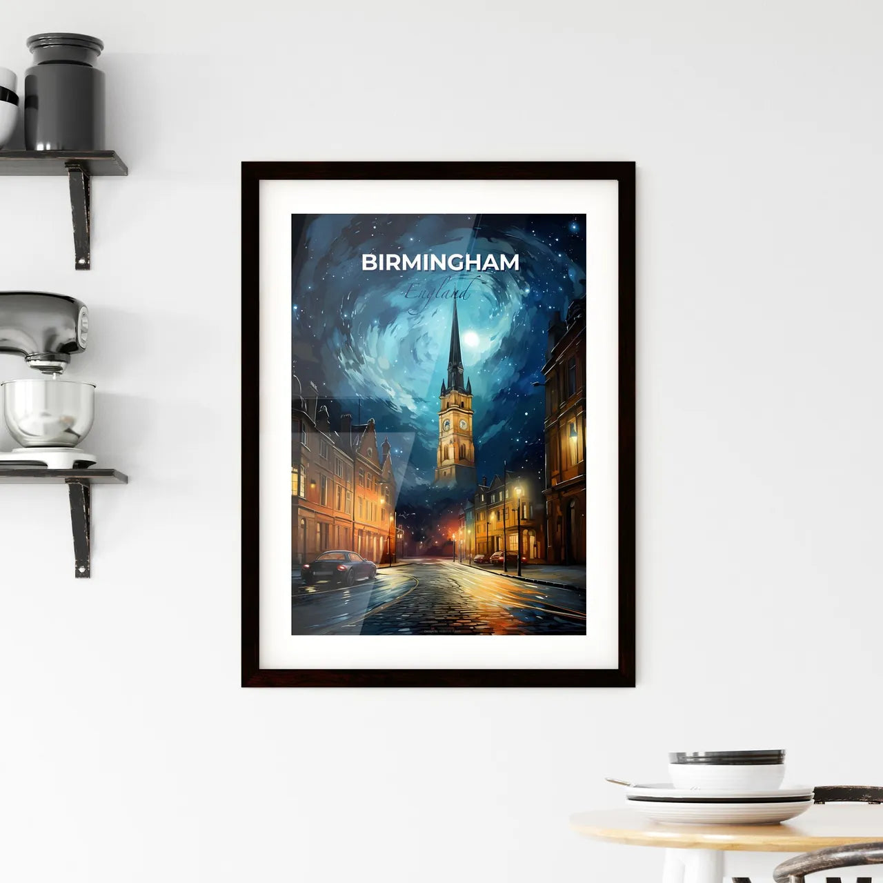 Birmingham, England, A Poster of a street with a clock tower and buildings at night Default Title