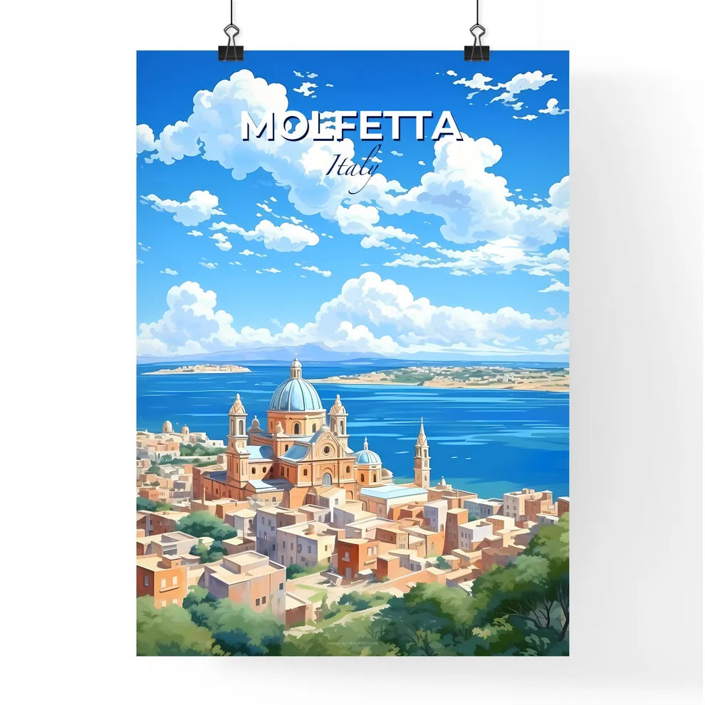 Molfetta, Italy, A Poster of a city with a blue dome and buildings by the water Default Title
