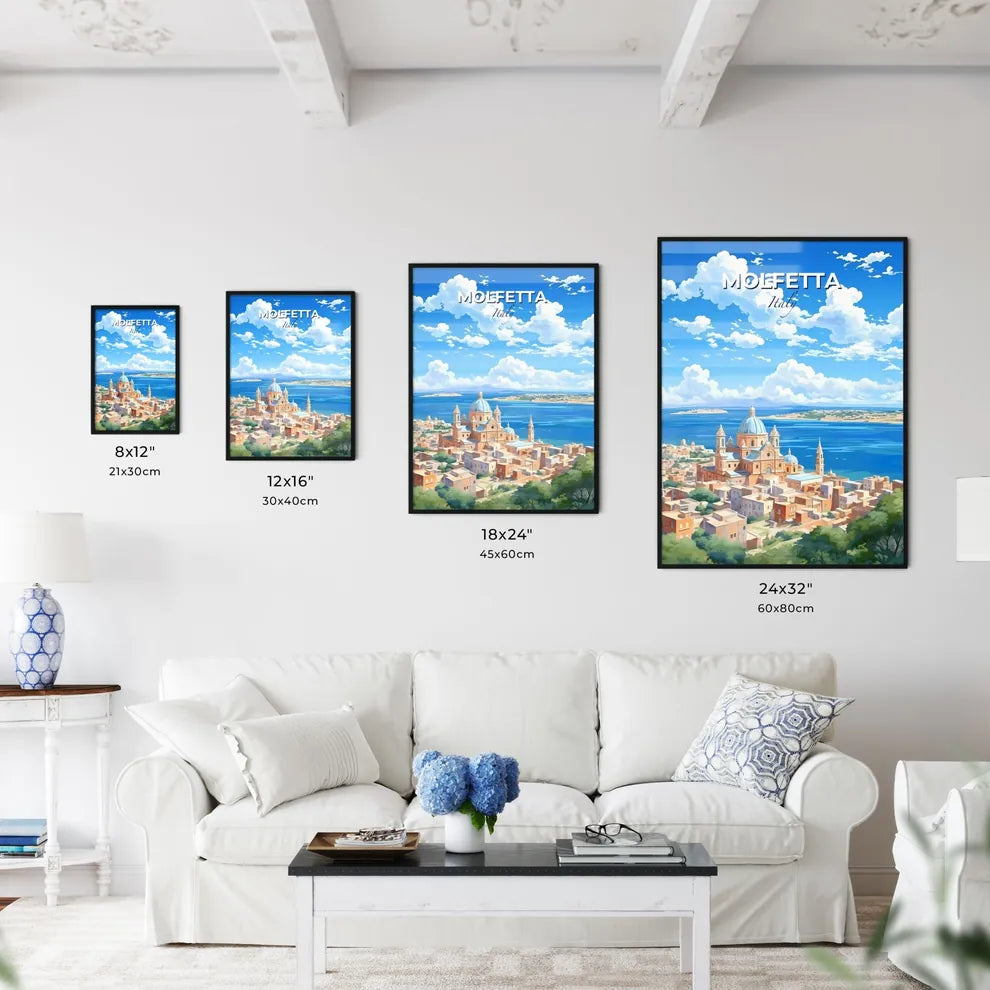 Molfetta, Italy, A Poster of a city with a blue dome and buildings by the water Default Title