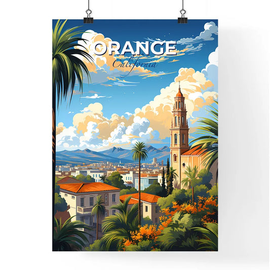 Orange, California, A Poster of a landscape of a city with palm trees and a tower Default Title