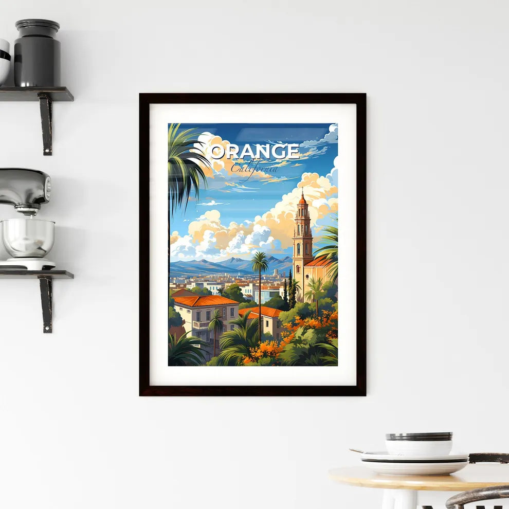 Orange, California, A Poster of a landscape of a city with palm trees and a tower Default Title
