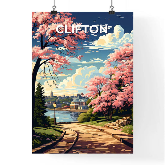Clifton, New Jersey, A Poster of a painting of a path with pink trees and a building in the background Default Title