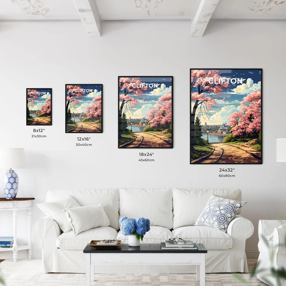 Clifton, New Jersey, A Poster of a painting of a path with pink trees and a building in the background Default Title