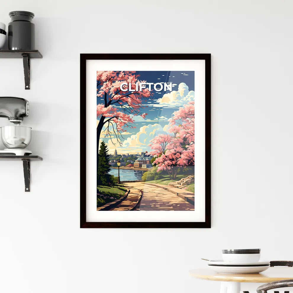 Clifton, New Jersey, A Poster of a painting of a path with pink trees and a building in the background Default Title