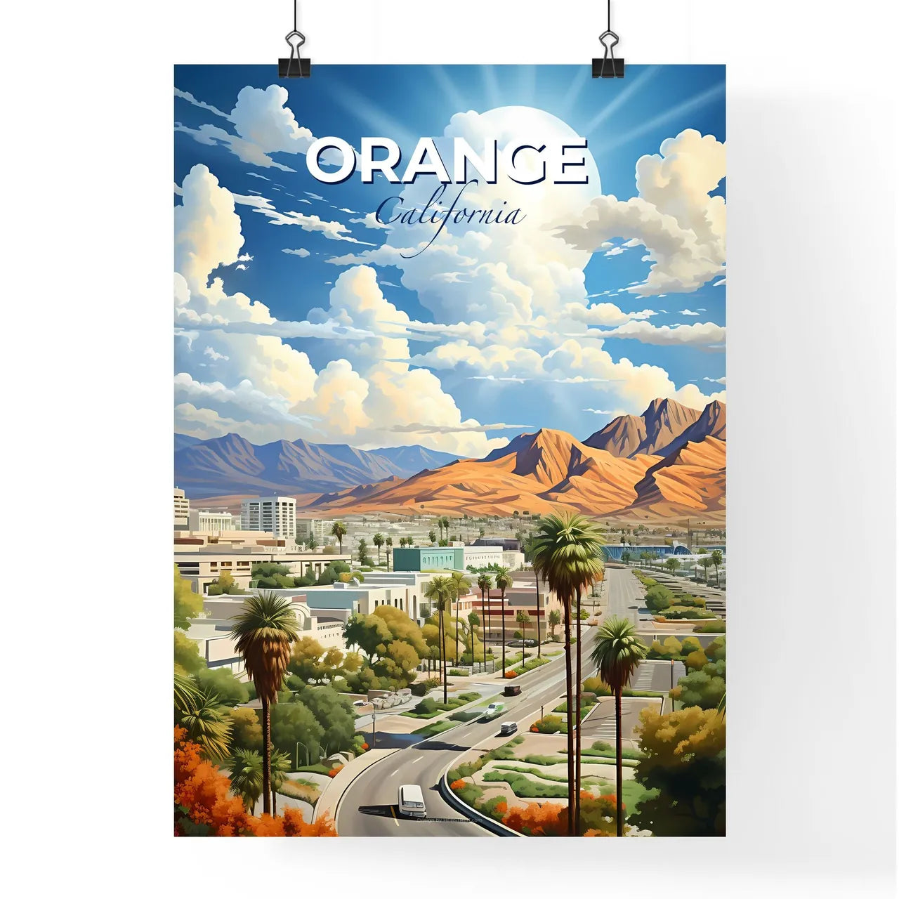 Orange, California, A Poster of a landscape of a city with mountains and trees Default Title