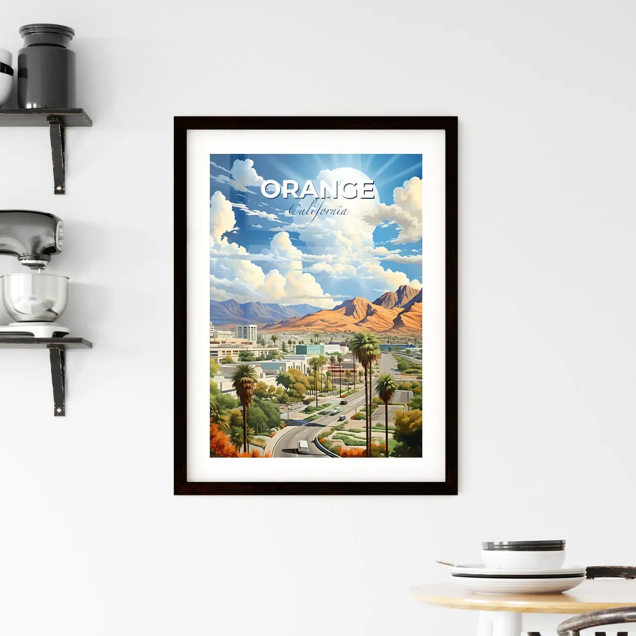 Orange, California, A Poster of a landscape of a city with mountains and trees Default Title
