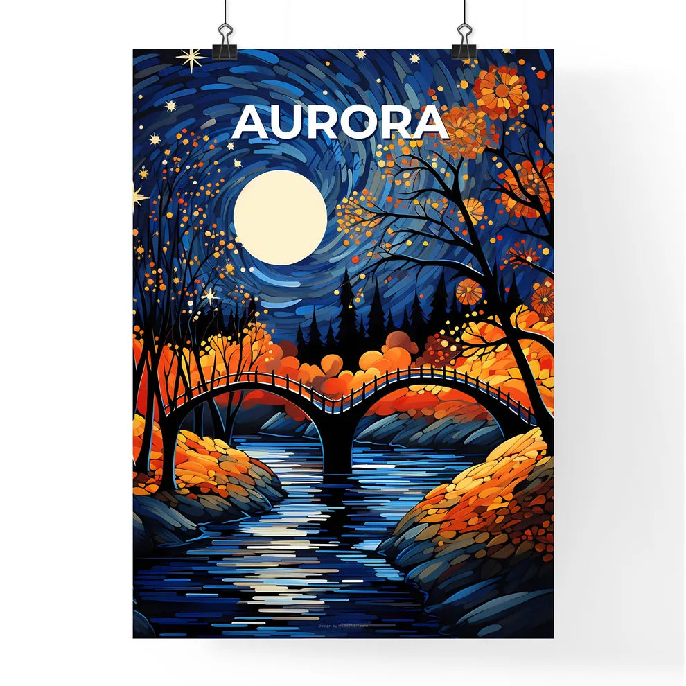 Aurora, Illinois, A Poster of a bridge over a river with trees and a full moon Default Title