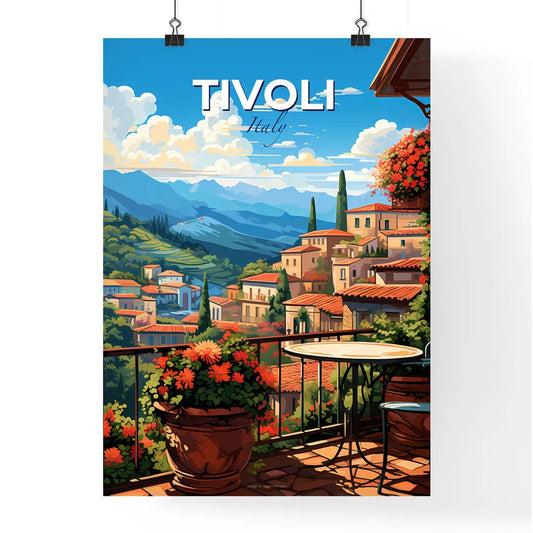 Tivoli, Italy, A Poster of a balcony with a view of a town and mountains Default Title