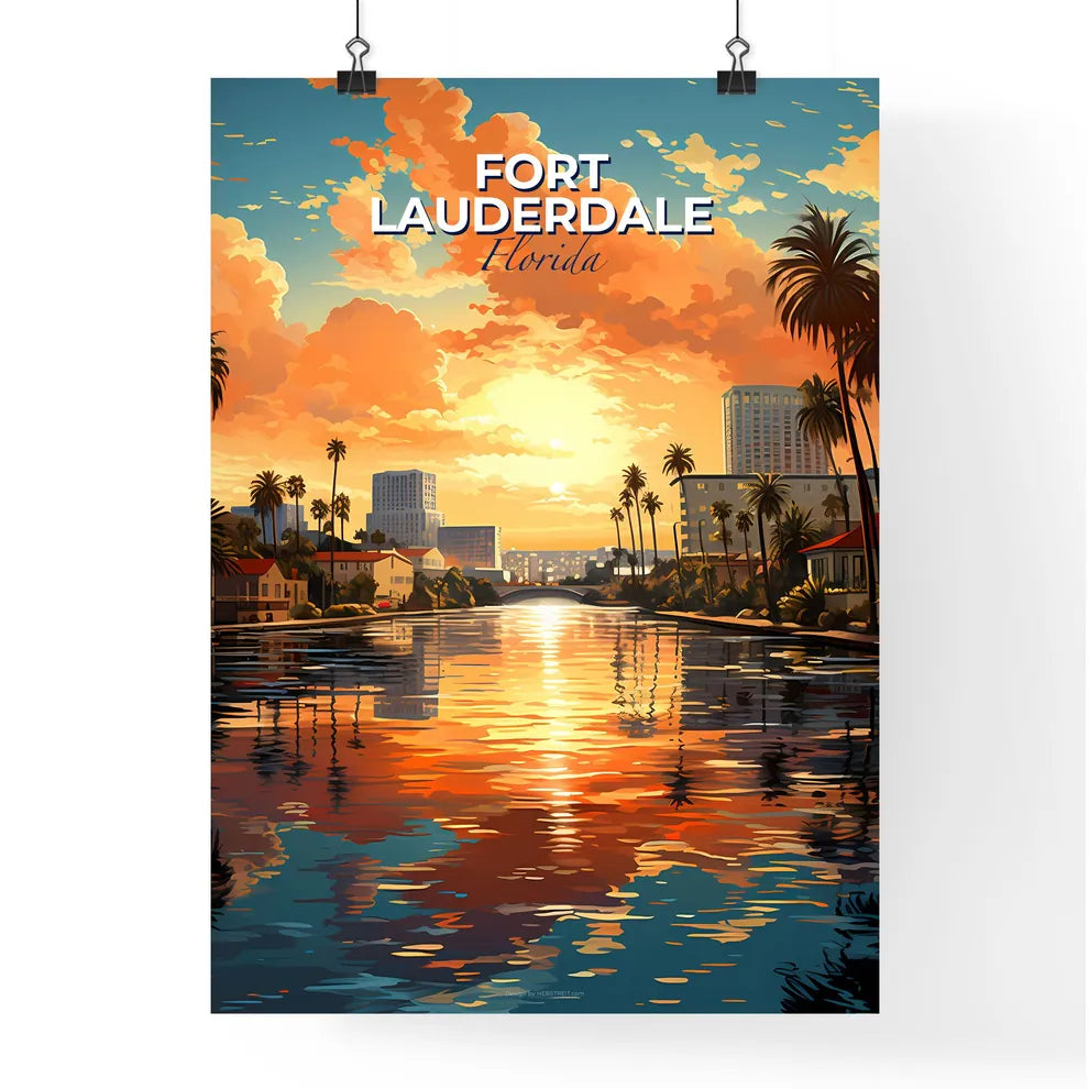 Fort Lauderdale, Florida, A Poster of a water way with palm trees and buildings in the background Default Title
