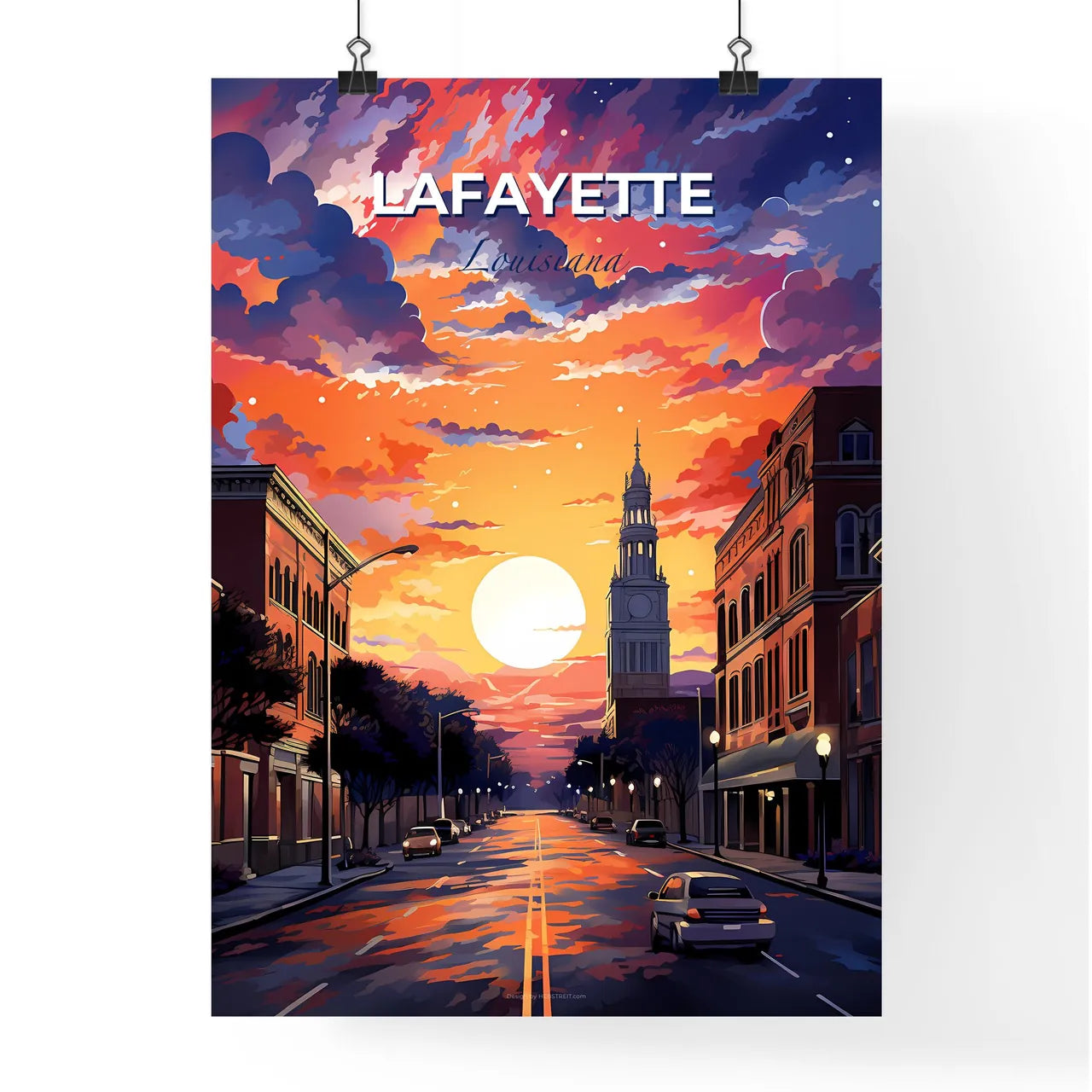 Lafayette, Louisiana, A Poster of a street with cars and a large building in the background Default Title