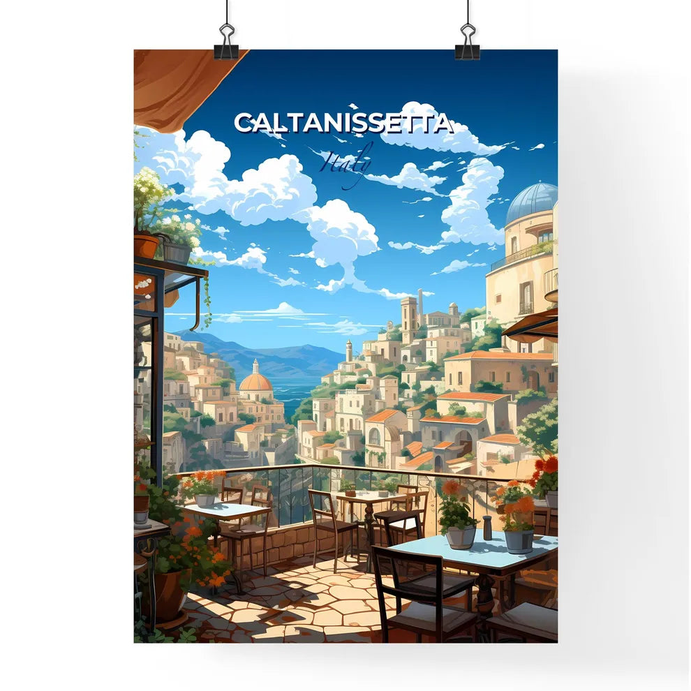 Caltanissetta, Italy, A Poster of a balcony with a view of a city and mountains Default Title