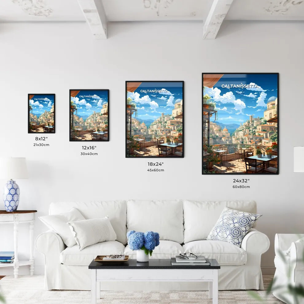 Caltanissetta, Italy, A Poster of a balcony with a view of a city and mountains Default Title