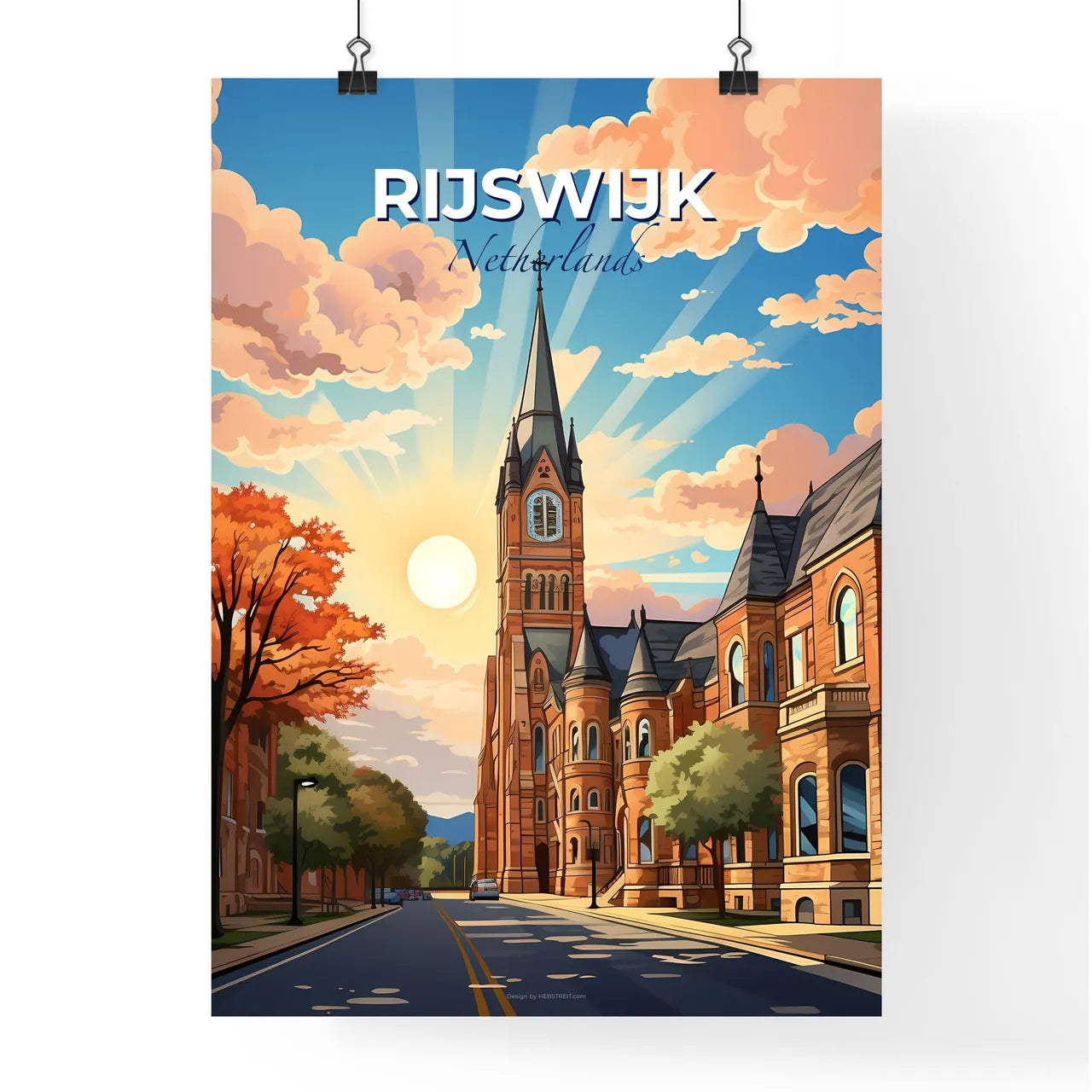 Rijswijk, Netherlands, A Poster of a church with a steeple and trees on a street Default Title