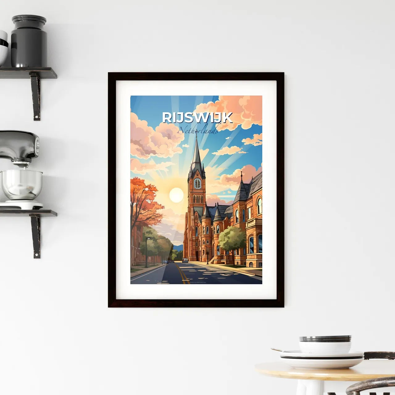 Rijswijk, Netherlands, A Poster of a church with a steeple and trees on a street Default Title