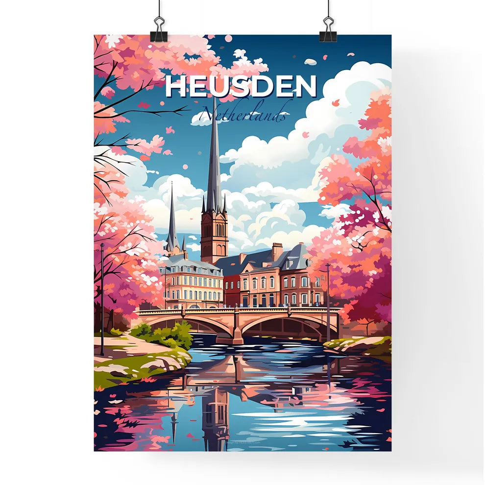 Heusden, Netherlands, A Poster of a bridge over a river with a church and trees Default Title