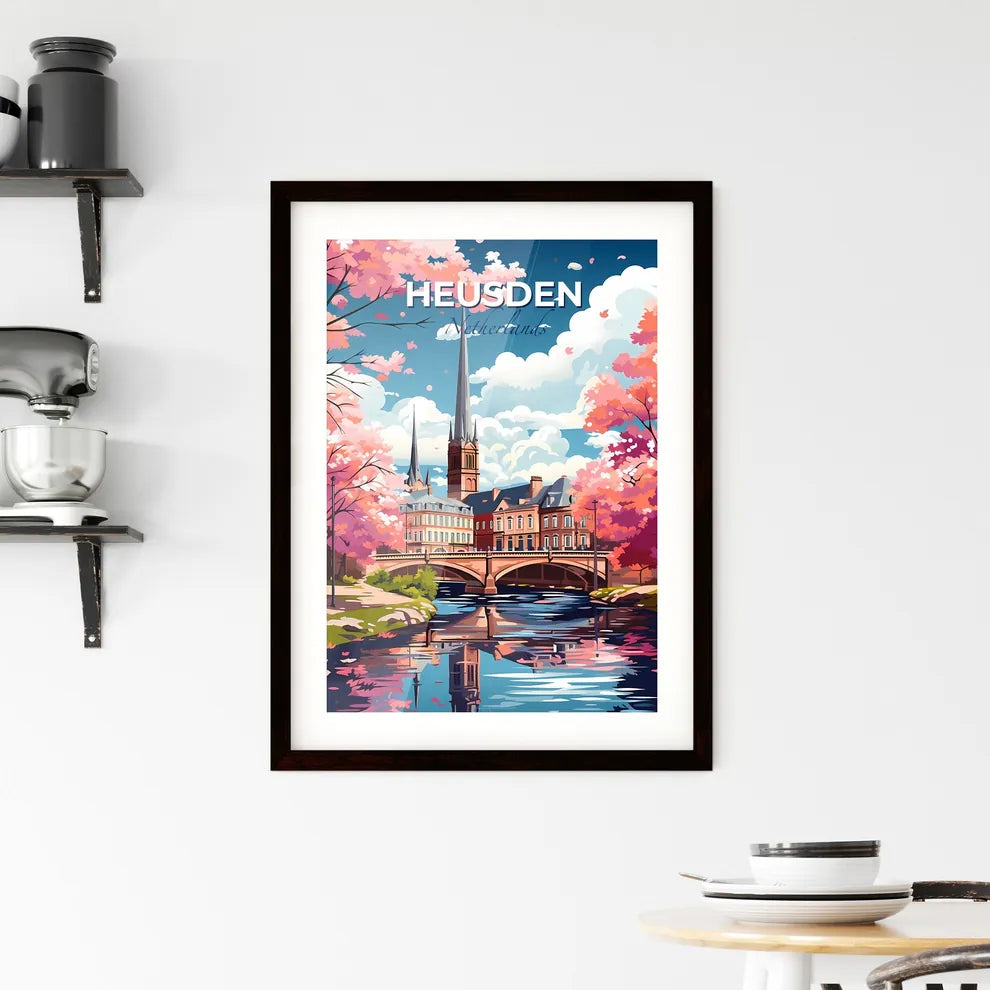 Heusden, Netherlands, A Poster of a bridge over a river with a church and trees Default Title