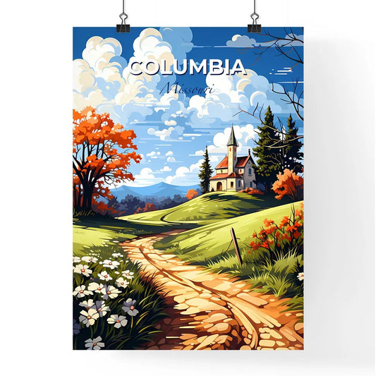 Columbia, Missouri, A Poster of a painting of a house on a hill with trees and flowers Default Title