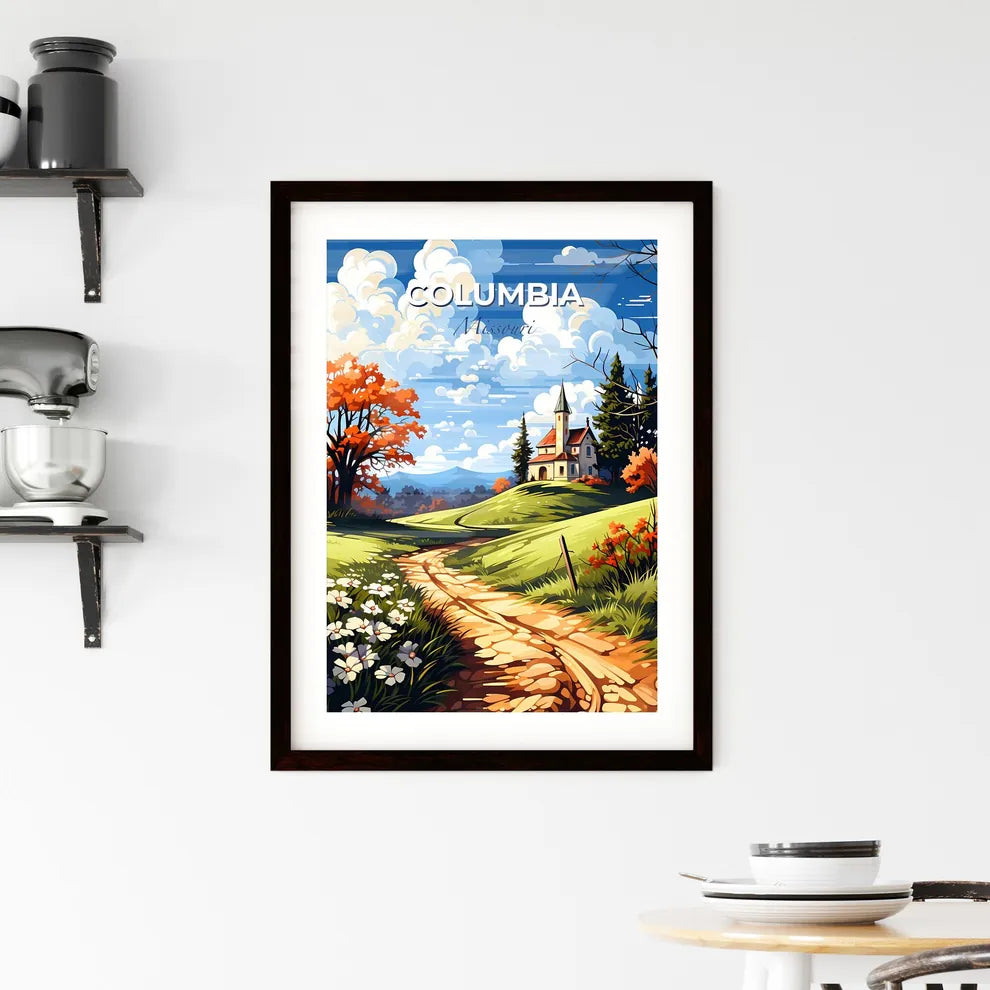 Columbia, Missouri, A Poster of a painting of a house on a hill with trees and flowers Default Title