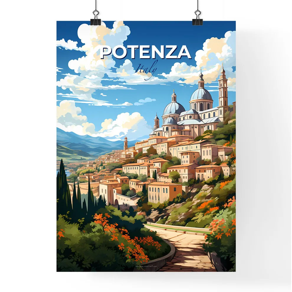 Potenza, Italy, A Poster of a painting of a town on a hill Default Title
