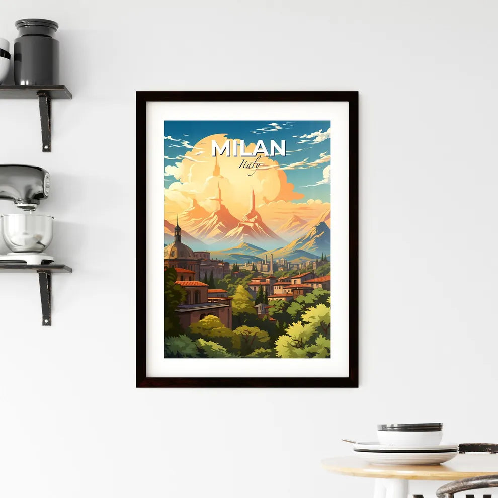Milan, Italy, A Poster of a city in a valley with mountains and trees Default Title