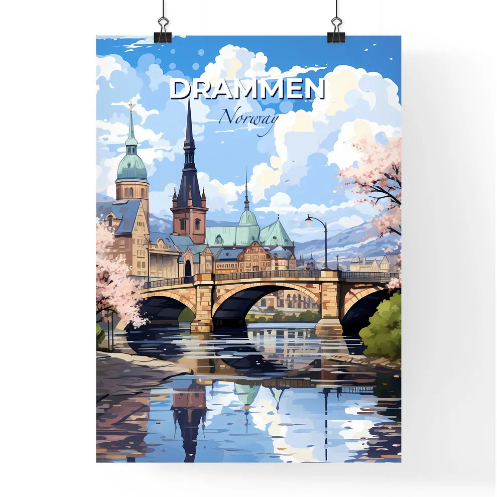 Drammen, Norway, A Poster of a bridge over a river with trees and buildings Default Title