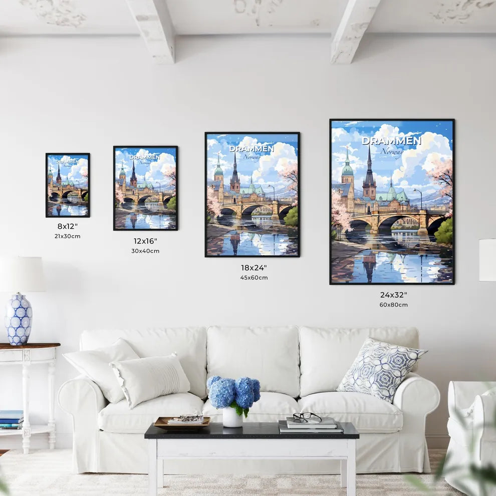 Drammen, Norway, A Poster of a bridge over a river with trees and buildings Default Title