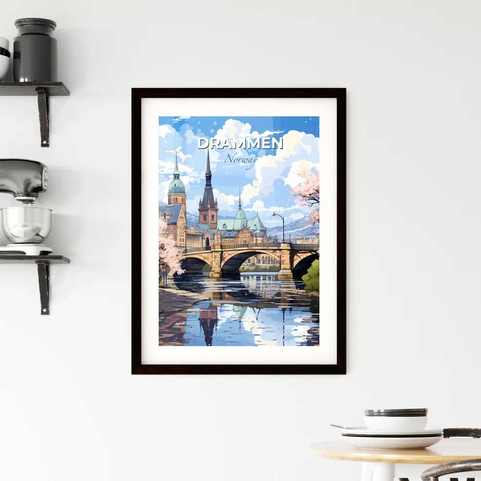 Drammen, Norway, A Poster of a bridge over a river with trees and buildings Default Title