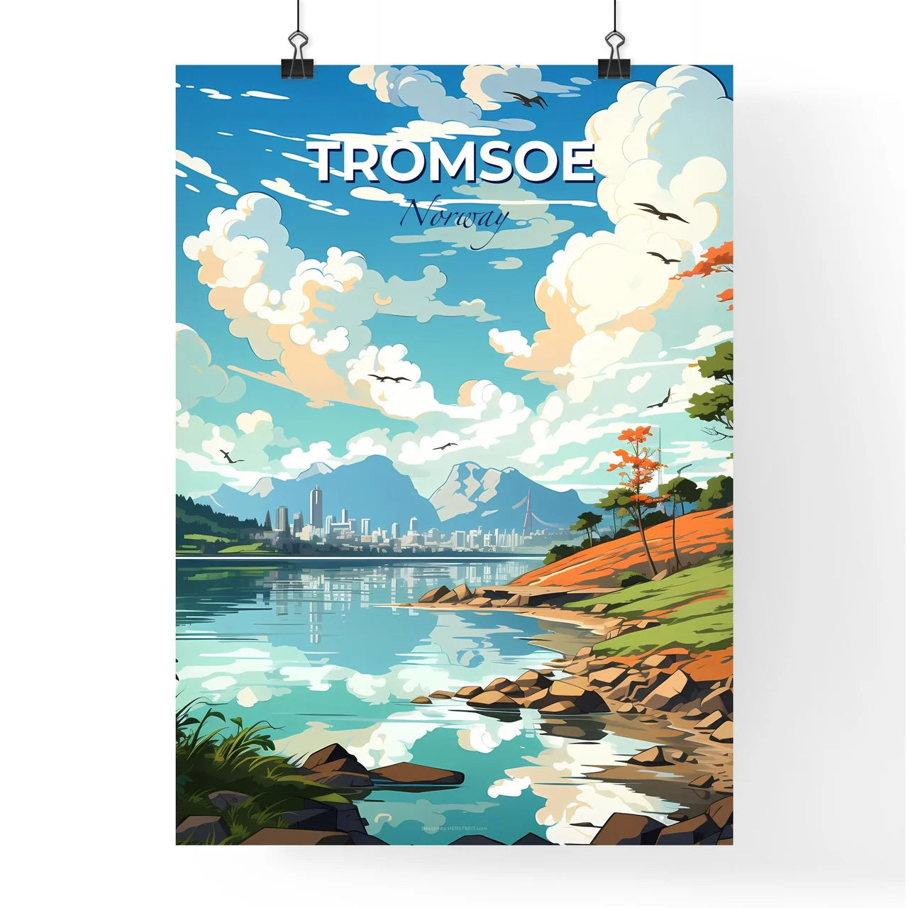 Tromsoe, Norway, A Poster of a landscape of a lake with a city and mountains in the background Default Title