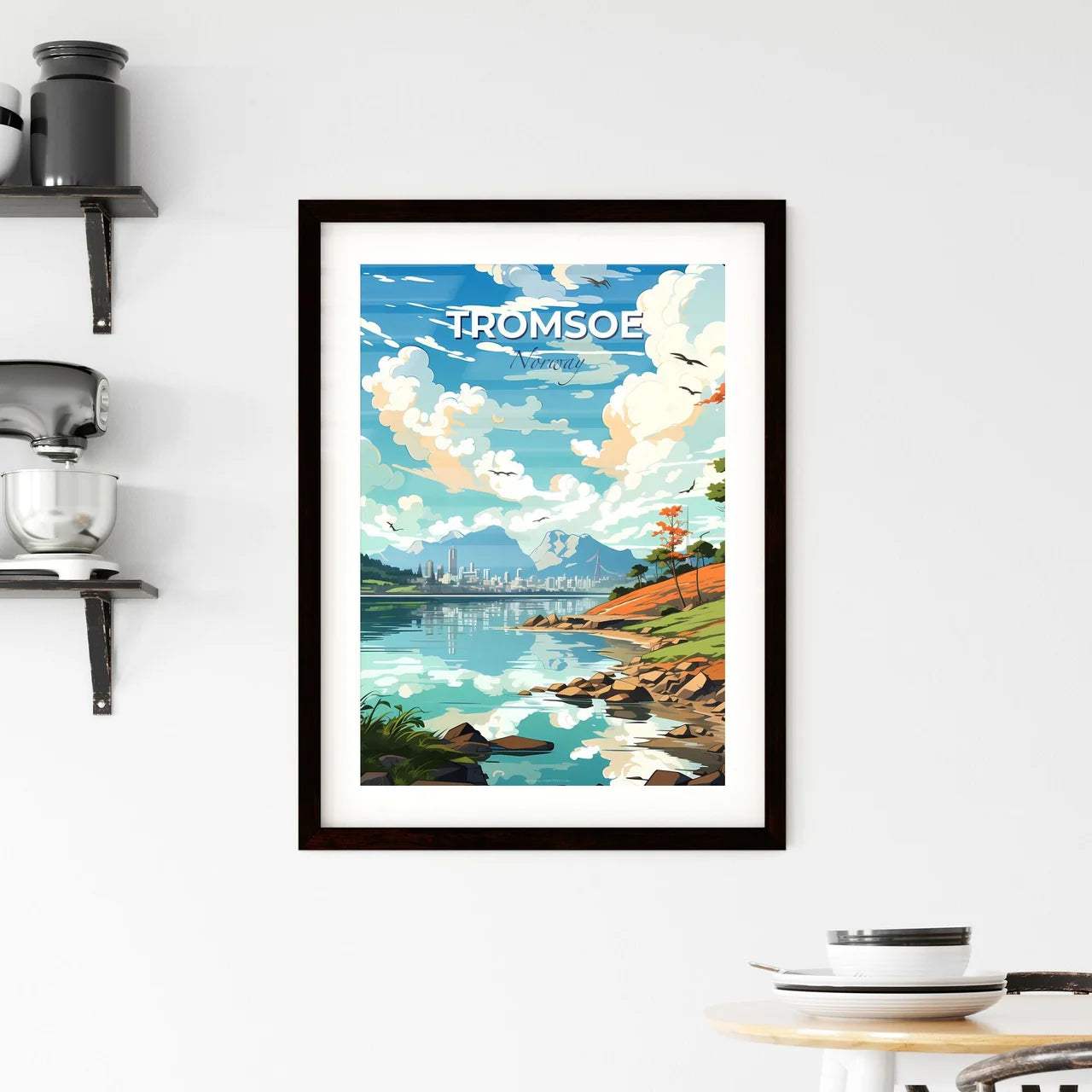 Tromsoe, Norway, A Poster of a landscape of a lake with a city and mountains in the background Default Title