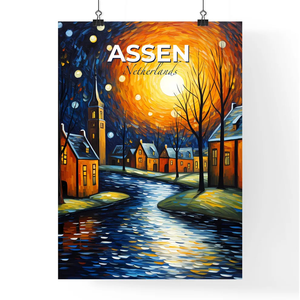 Assen, Netherlands, A Poster of a painting of a town with trees and a river Default Title