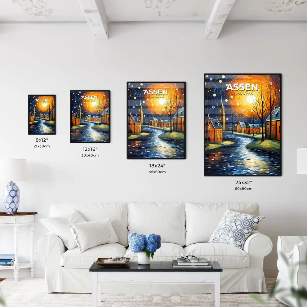 Assen, Netherlands, A Poster of a painting of a town with trees and a river Default Title