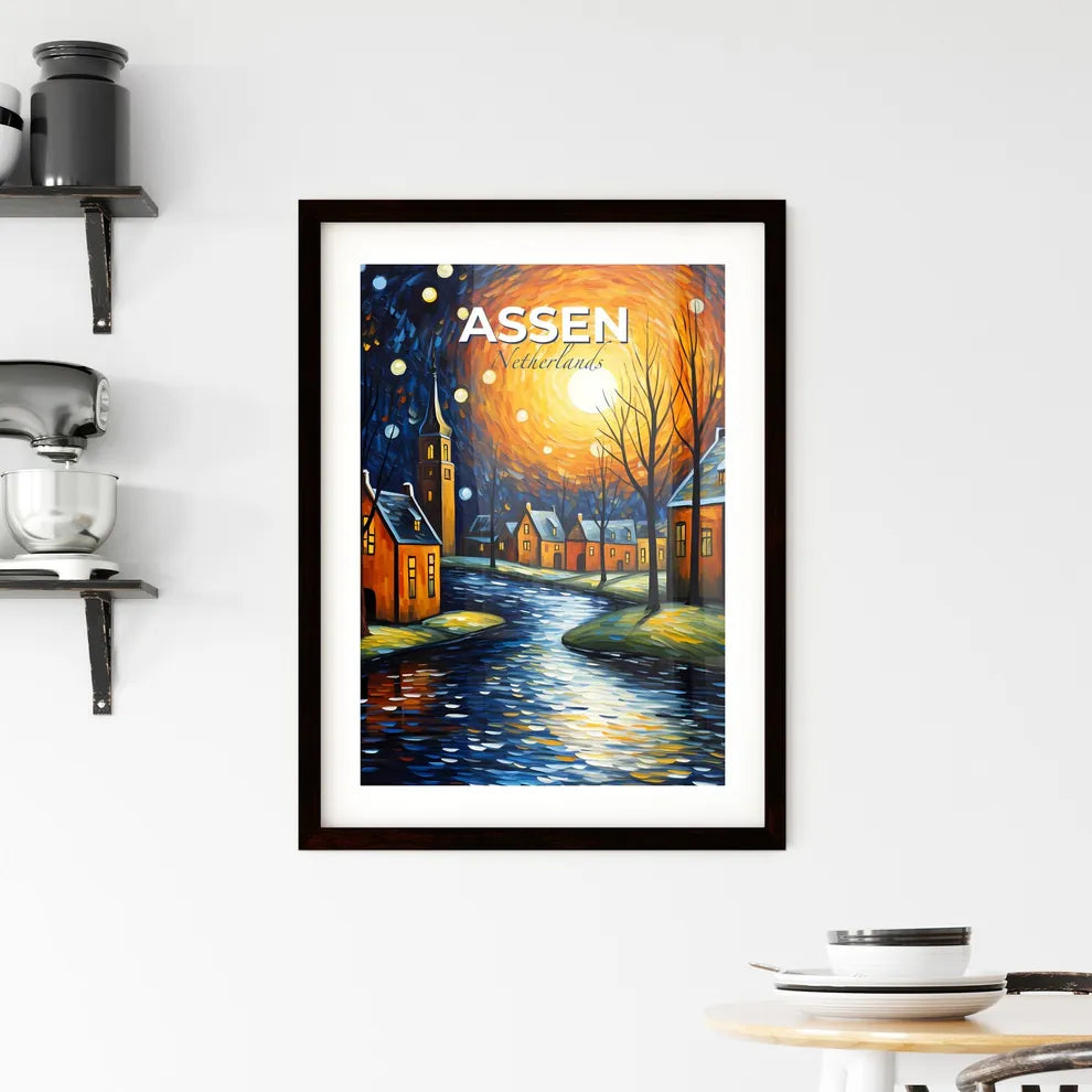 Assen, Netherlands, A Poster of a painting of a town with trees and a river Default Title