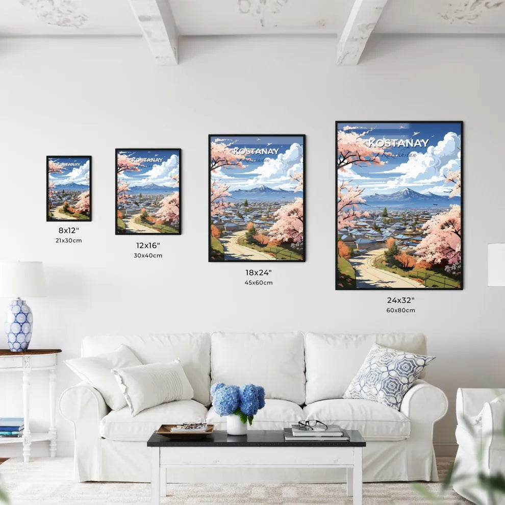 Kostanay, Kazakhstan, A Poster of a landscape of a town with a road and trees and mountains Default Title