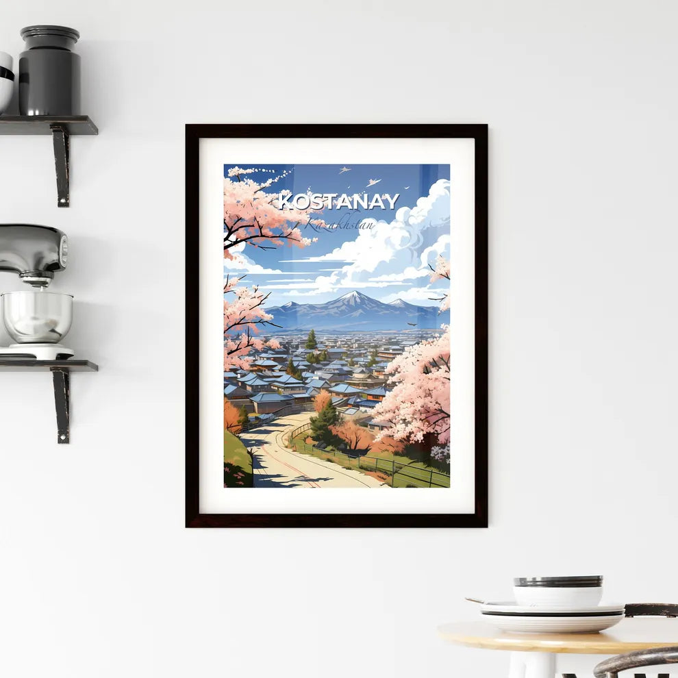 Kostanay, Kazakhstan, A Poster of a landscape of a town with a road and trees and mountains Default Title