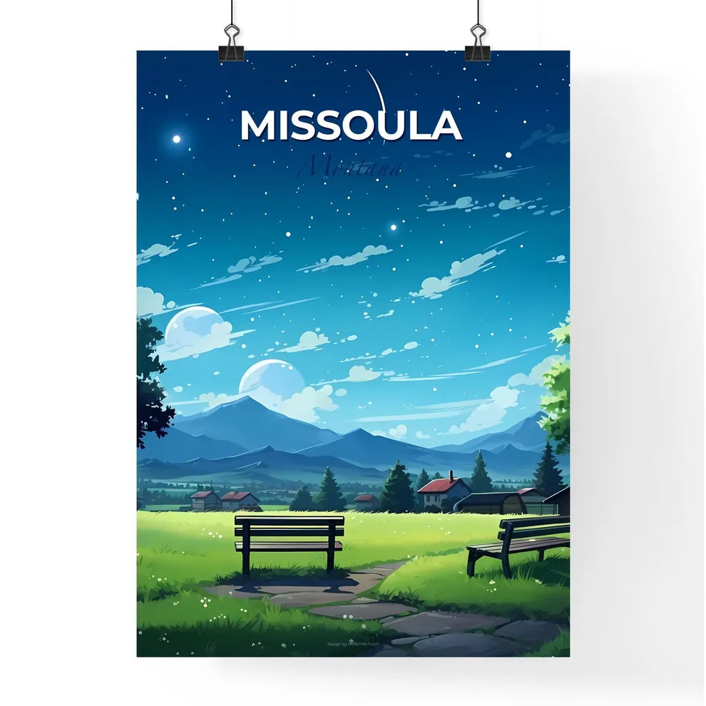 Missoula, Montana, A Poster of a landscape of a green field with benches and trees and houses Default Title