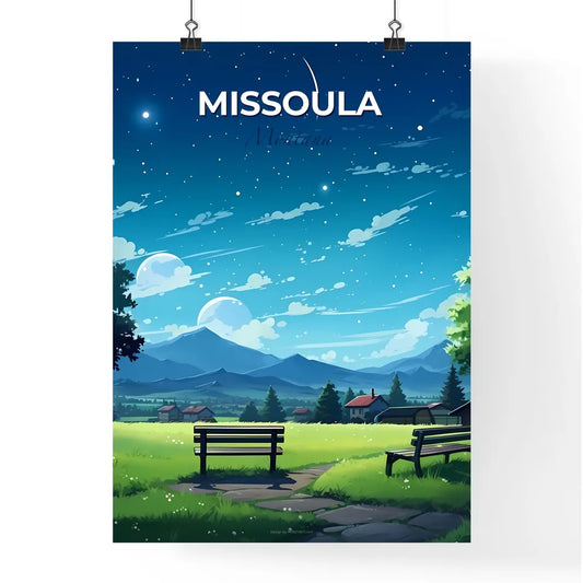 Missoula, Montana, A Poster of a landscape of a green field with benches and trees and houses Default Title