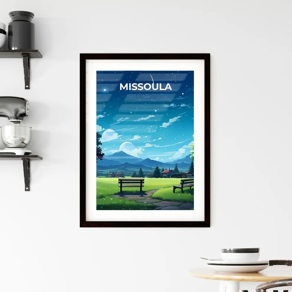 Missoula, Montana, A Poster of a landscape of a green field with benches and trees and houses Default Title
